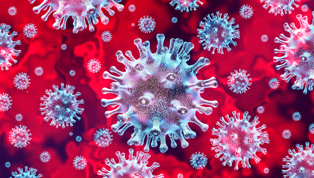 Digital illustration depicting a close-up view of multiple blue and white virus particles against a vibrant red background. The virus particles have a spherical shape with protruding spike proteins, resembling images that might be examined by a veterinarian specializing in animal health.