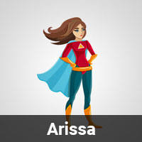 Illustration of a female superhero with brown hair, wearing a red and blue costume with a cape, standing confidently. The name "Arissa" is displayed in bold white text on a black bar at the bottom.