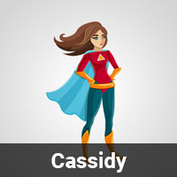 Cartoon superhero woman with brown hair, red and yellow costume, blue cape, and boots, standing confidently. The name "Cassidy" appears in bold white text at the bottom.